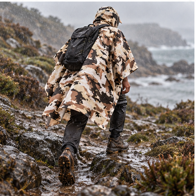 Poncho Camouflage – Beige / Adulte, porté en mouvement au bord de l’océan