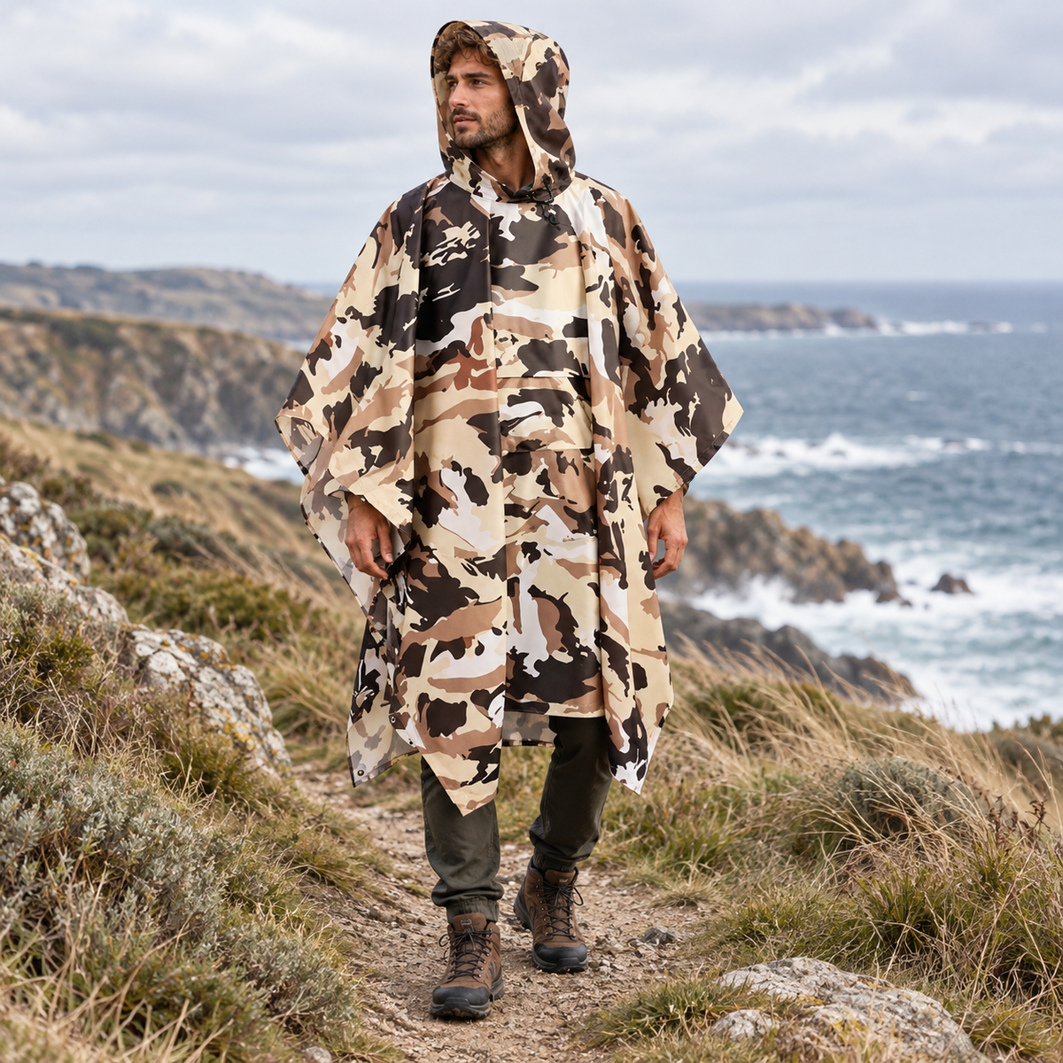 Poncho Camouflage – Beige / Adulte, visuel principal lifestyle