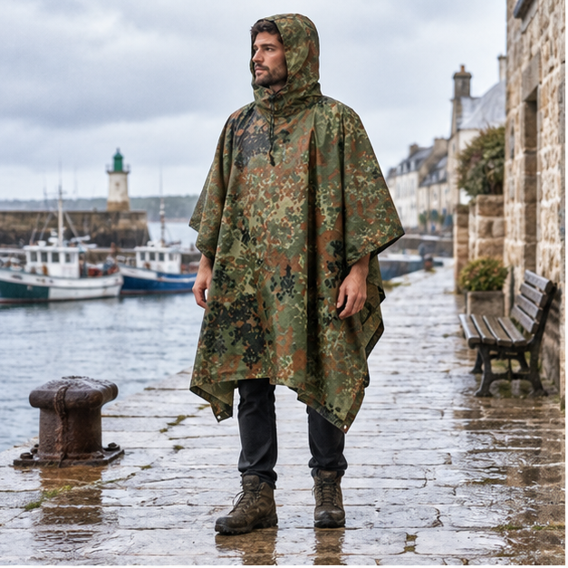 Poncho Camouflage Forêt – Kaki / Adulte, en situation sur la côte Atlantique