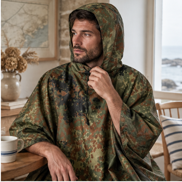Poncho Camouflage Forêt – Kaki / Adulte, dans un intérieur côtier lumineux