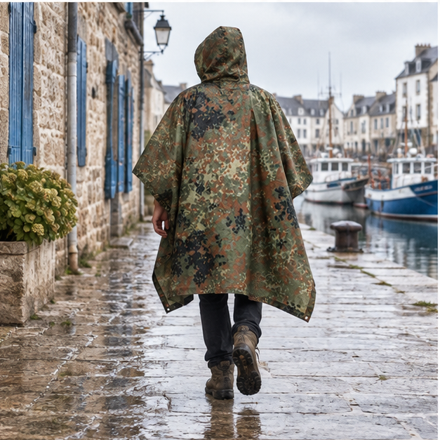 Poncho Camouflage Forêt – Kaki / Adulte, porté en mouvement au bord de l’océan