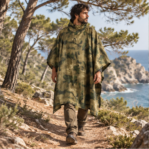 Poncho Camouflage Kaki – Kaki / Adulte, en situation sur la côte Atlantique