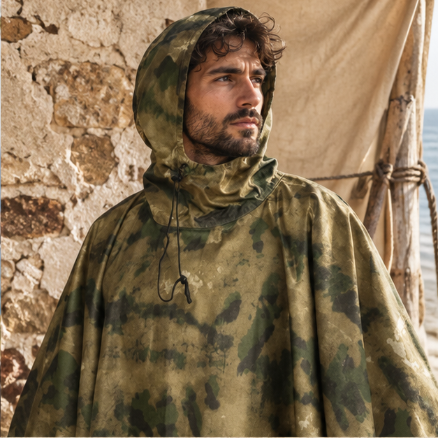 Poncho Camouflage Kaki – Kaki / Adulte, dans un intérieur côtier lumineux