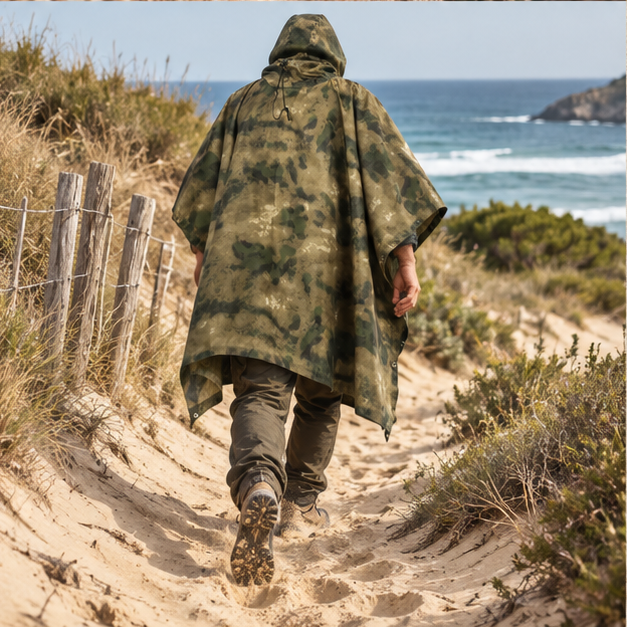 Poncho Camouflage Kaki – Kaki / Adulte, porté en mouvement au bord de l’océan