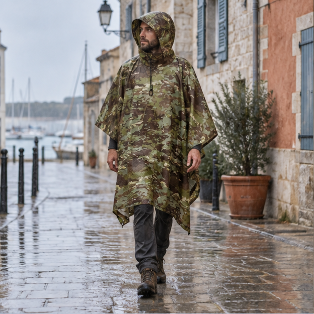 Poncho Camouflage Militaire – Kaki / Adulte, en situation sur la côte Atlantique