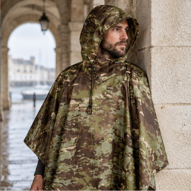 Poncho Camouflage Militaire – Kaki / Adulte, dans un intérieur côtier lumineux