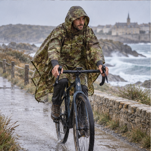 Poncho Camouflage Militaire – Kaki / Adulte, porté en mouvement au bord de l’océan
