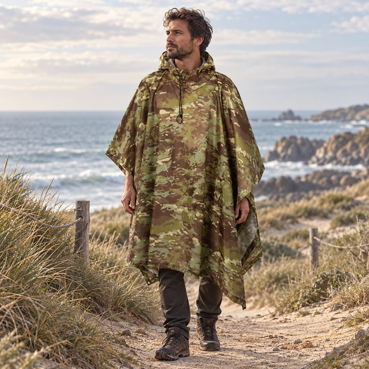 Poncho Camouflage Militaire – Kaki / Adulte, visuel principal lifestyle
