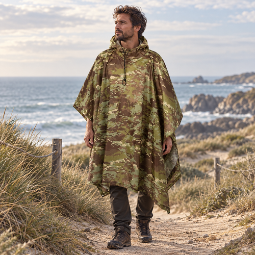 Poncho Camouflage Militaire – Kaki / Adulte, visuel principal lifestyle