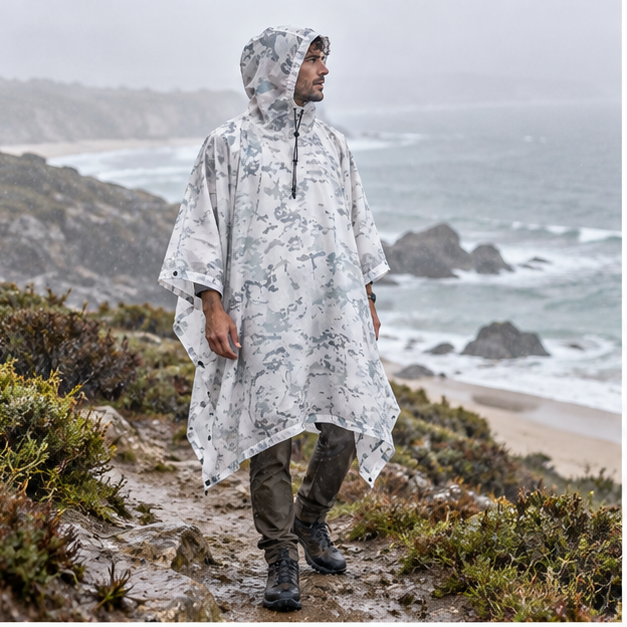 Poncho Camouflage Neige – Blanc / Adulte, en situation sur la côte Atlantique