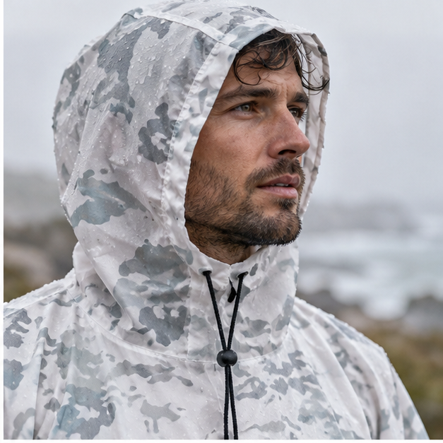 Poncho Camouflage Neige – Blanc / Adulte, dans un intérieur côtier lumineux