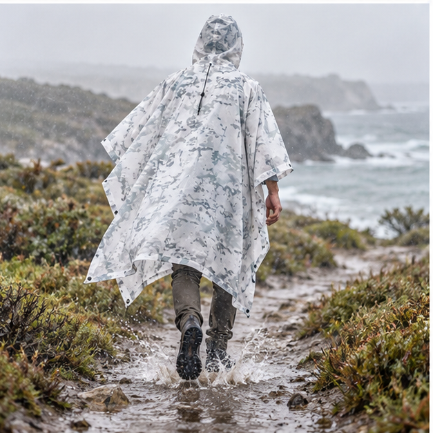 Poncho Camouflage Neige – Blanc / Adulte, porté en mouvement au bord de l’océan