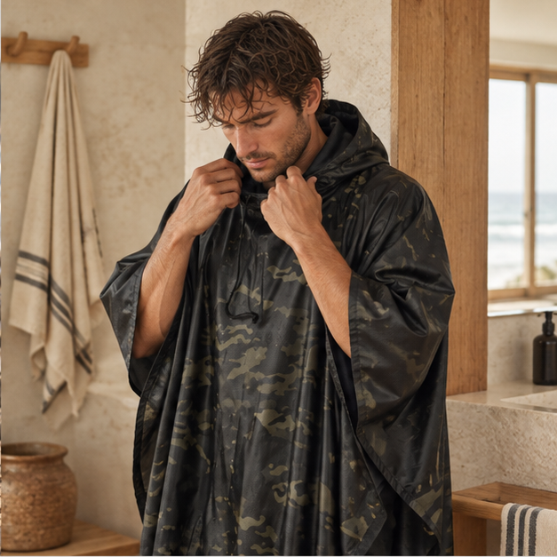 Poncho Camouflage Noir – Noir / Adulte, dans un intérieur côtier lumineux
