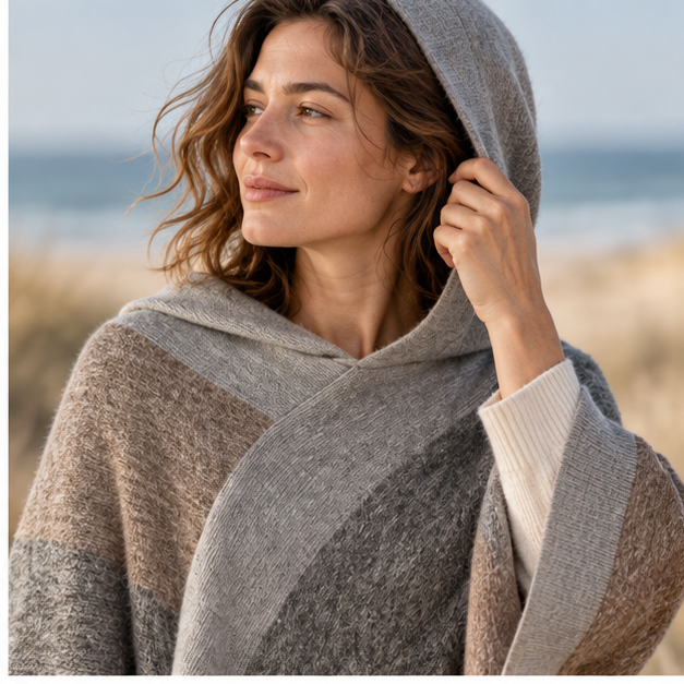 Poncho Capuche – Kaki / Adulte, dans un intérieur côtier lumineux