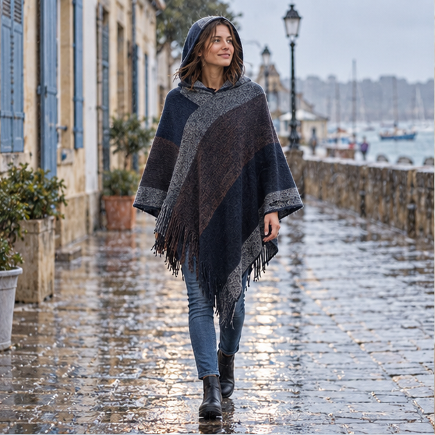 Poncho Capuche – Bleu Marine / Adulte, en situation sur la côte Atlantique