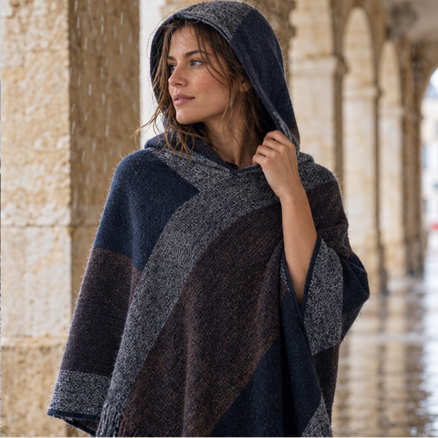 Poncho Capuche – Bleu Marine / Adulte, dans un intérieur côtier lumineux