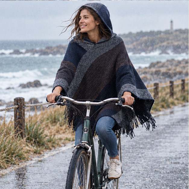 Poncho Capuche – Bleu Marine / Adulte, porté en mouvement au bord de l’océan