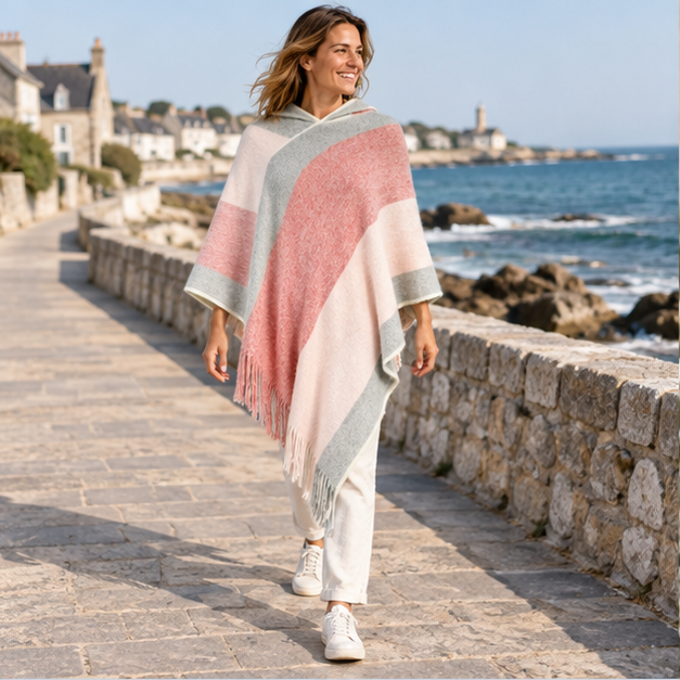 Poncho Capuche – Rose / Adulte, en situation sur la côte Atlantique