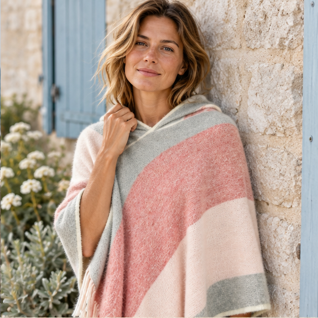 Poncho Capuche – Rose / Adulte, dans un intérieur côtier lumineux