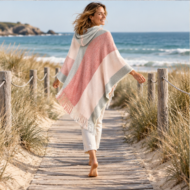 Poncho Capuche – Rose / Adulte, porté en mouvement au bord de l’océan