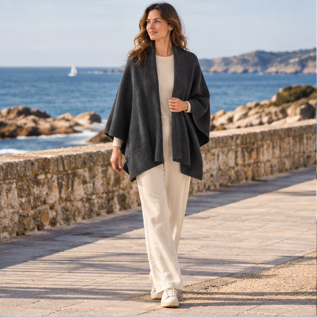 Poncho Cardigan – Noir / Adulte, en situation sur la côte Atlantique