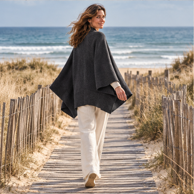 Poncho Cardigan – Noir / Adulte, porté en mouvement au bord de l’océan