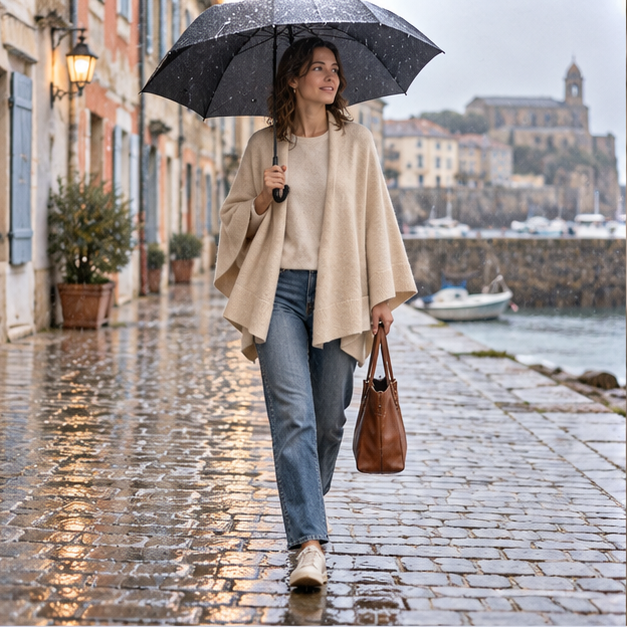 Poncho Cardigan – Beige / Adulte, en situation sur la côte Atlantique