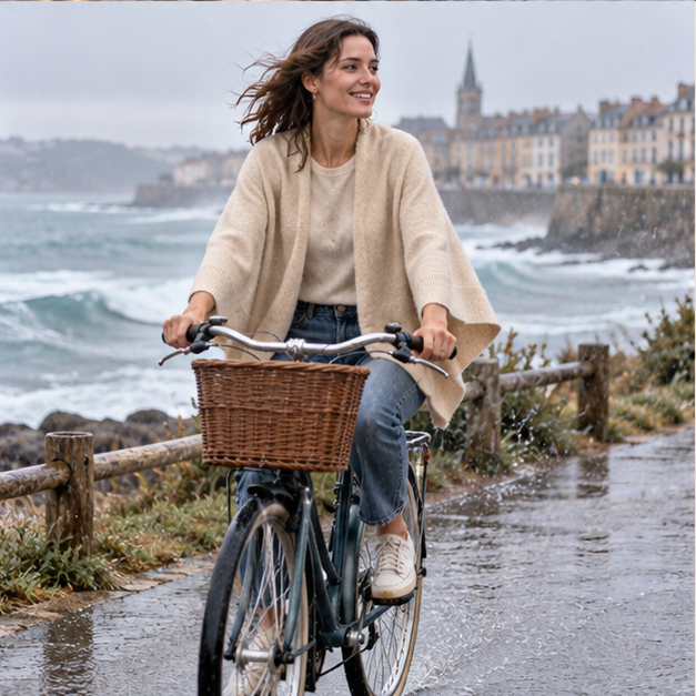 Poncho Cardigan – Beige / Adulte, porté en mouvement au bord de l’océan