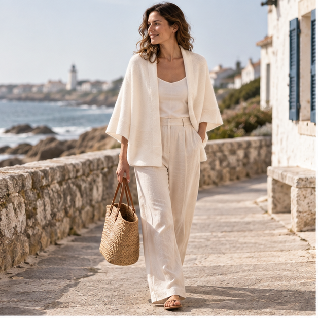 Poncho Cardigan – Blanc / Adulte, en situation sur la côte Atlantique