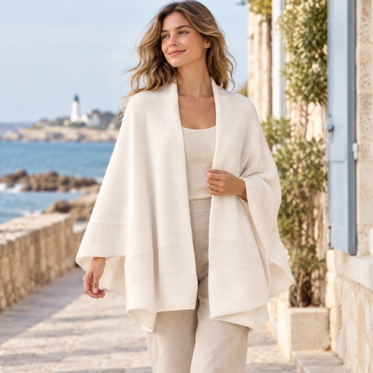 Poncho Cardigan – Blanc / Adulte, visuel principal lifestyle