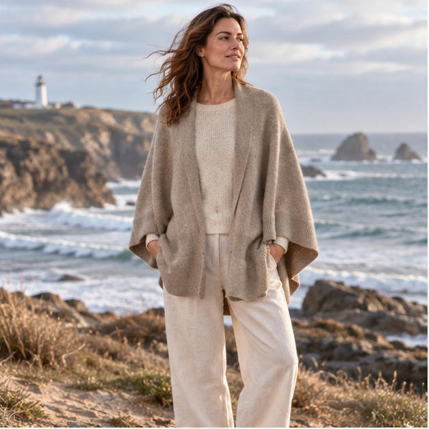 Poncho Cardigan – Kaki / Adulte, en situation sur la côte Atlantique