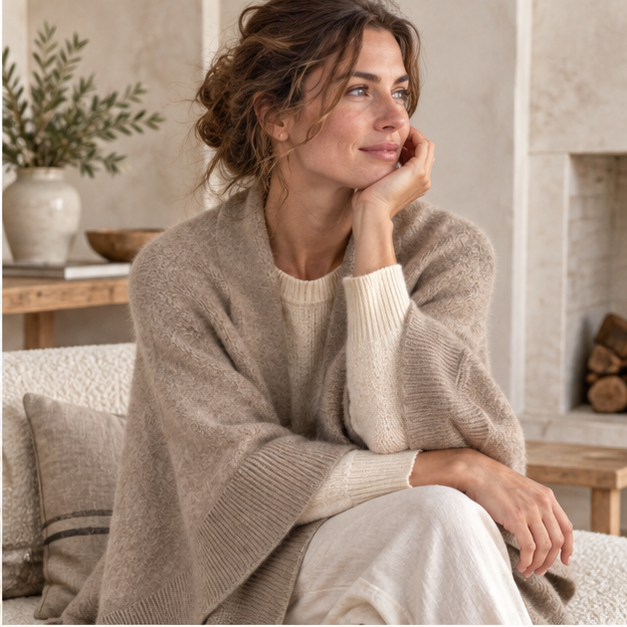 Poncho Cardigan – Kaki / Adulte, dans un intérieur côtier lumineux
