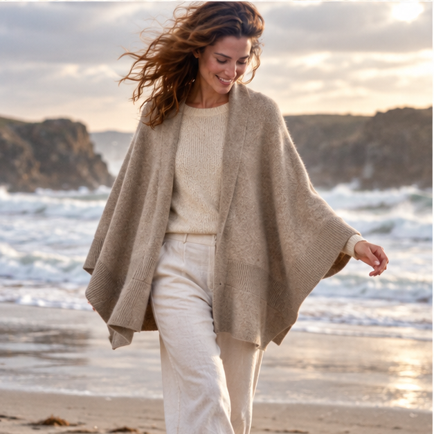 Poncho Cardigan – Kaki / Adulte, porté en mouvement au bord de l’océan