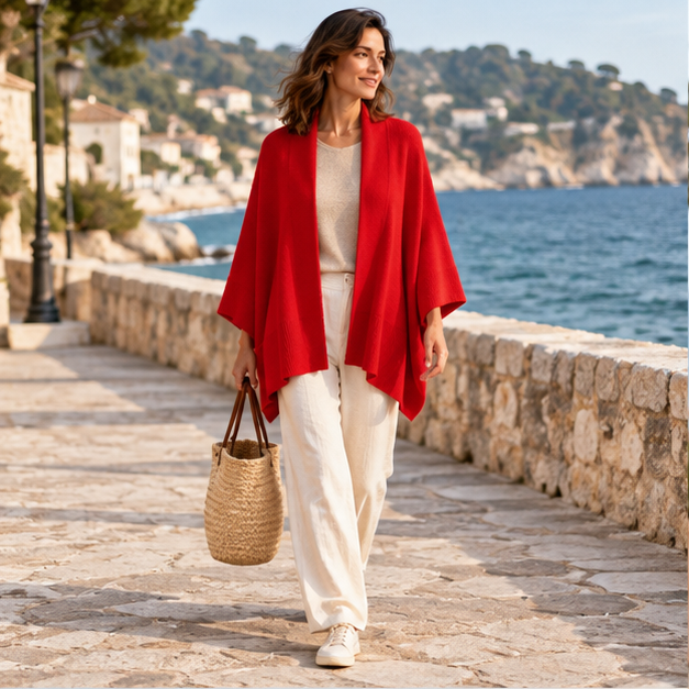 Poncho Cardigan – Rouge / Adulte, en situation sur la côte Atlantique