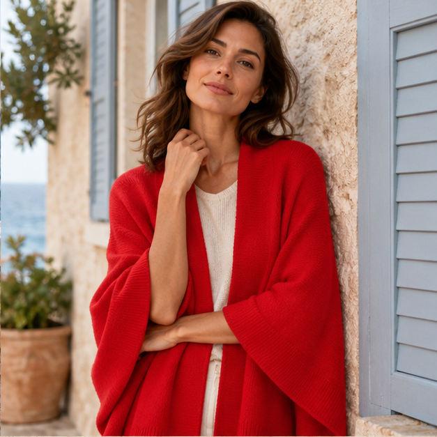 Poncho Cardigan – Rouge / Adulte, dans un intérieur côtier lumineux