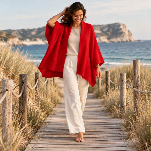 Poncho Cardigan – Rouge / Adulte, porté en mouvement au bord de l’océan