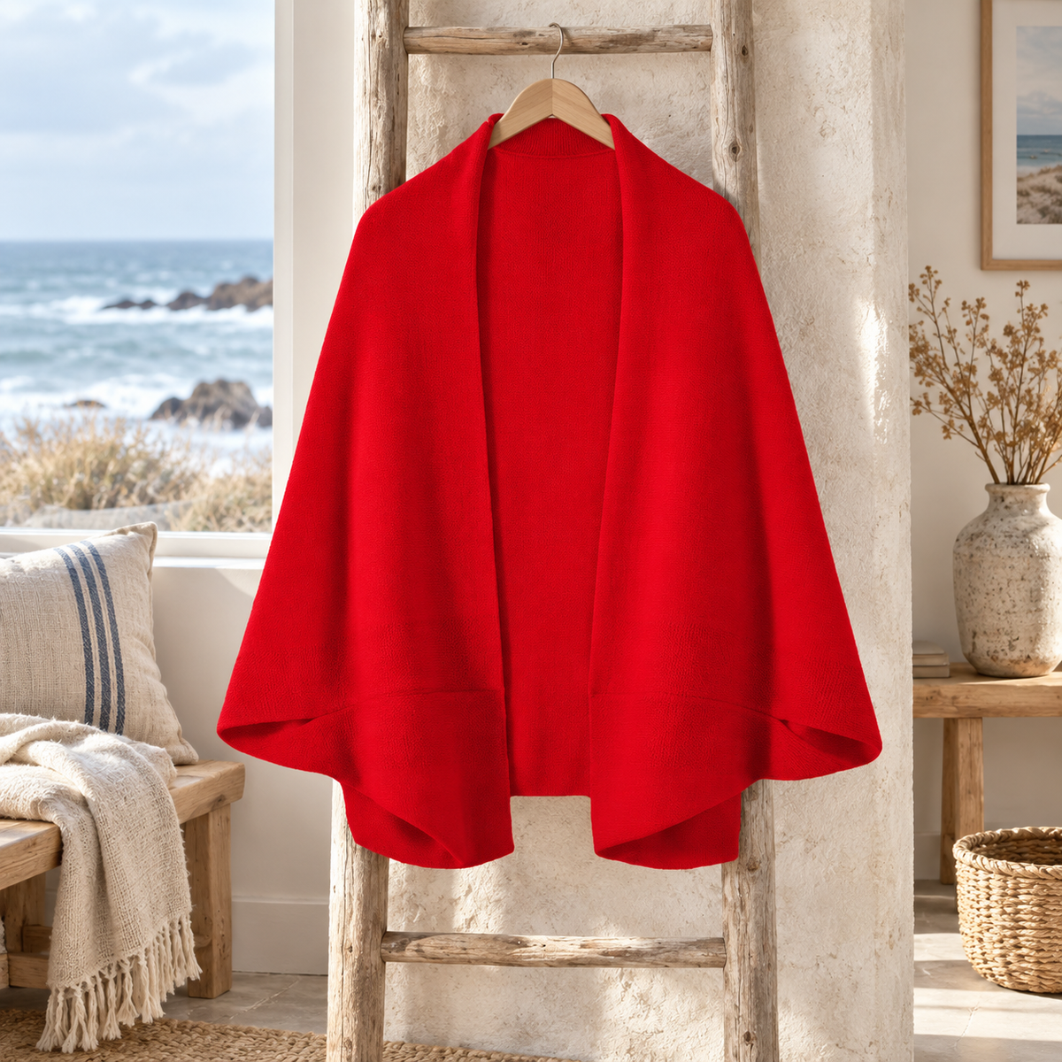 Poncho Cardigan – Rouge / Adulte, visuel principal lifestyle