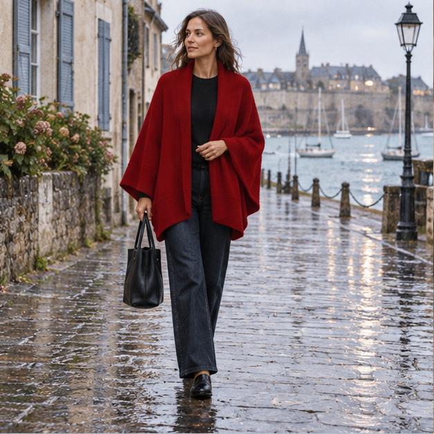 Poncho Cardigan – Bordeaux / Adulte, en situation sur la côte Atlantique