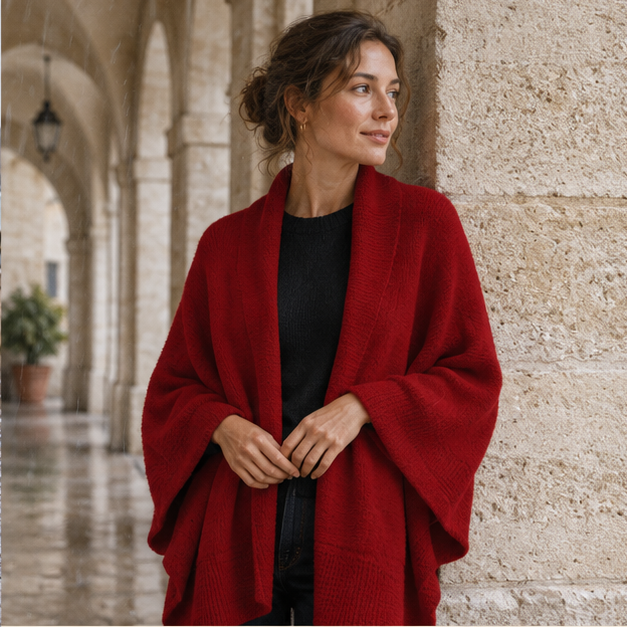 Poncho Cardigan – Bordeaux / Adulte, dans un intérieur côtier lumineux