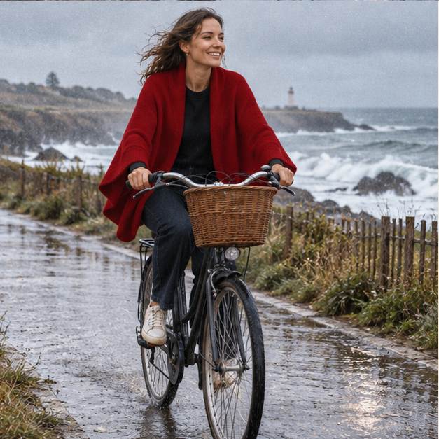 Poncho Cardigan – Bordeaux / Adulte, porté en mouvement au bord de l’océan