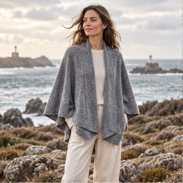 Poncho Cardigan – Gris / Adulte, en situation sur la côte Atlantique