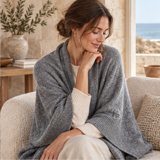 Poncho Cardigan – Gris / Adulte, dans un intérieur côtier lumineux