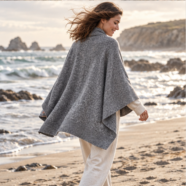 Poncho Cardigan – Gris / Adulte, porté en mouvement au bord de l’océan
