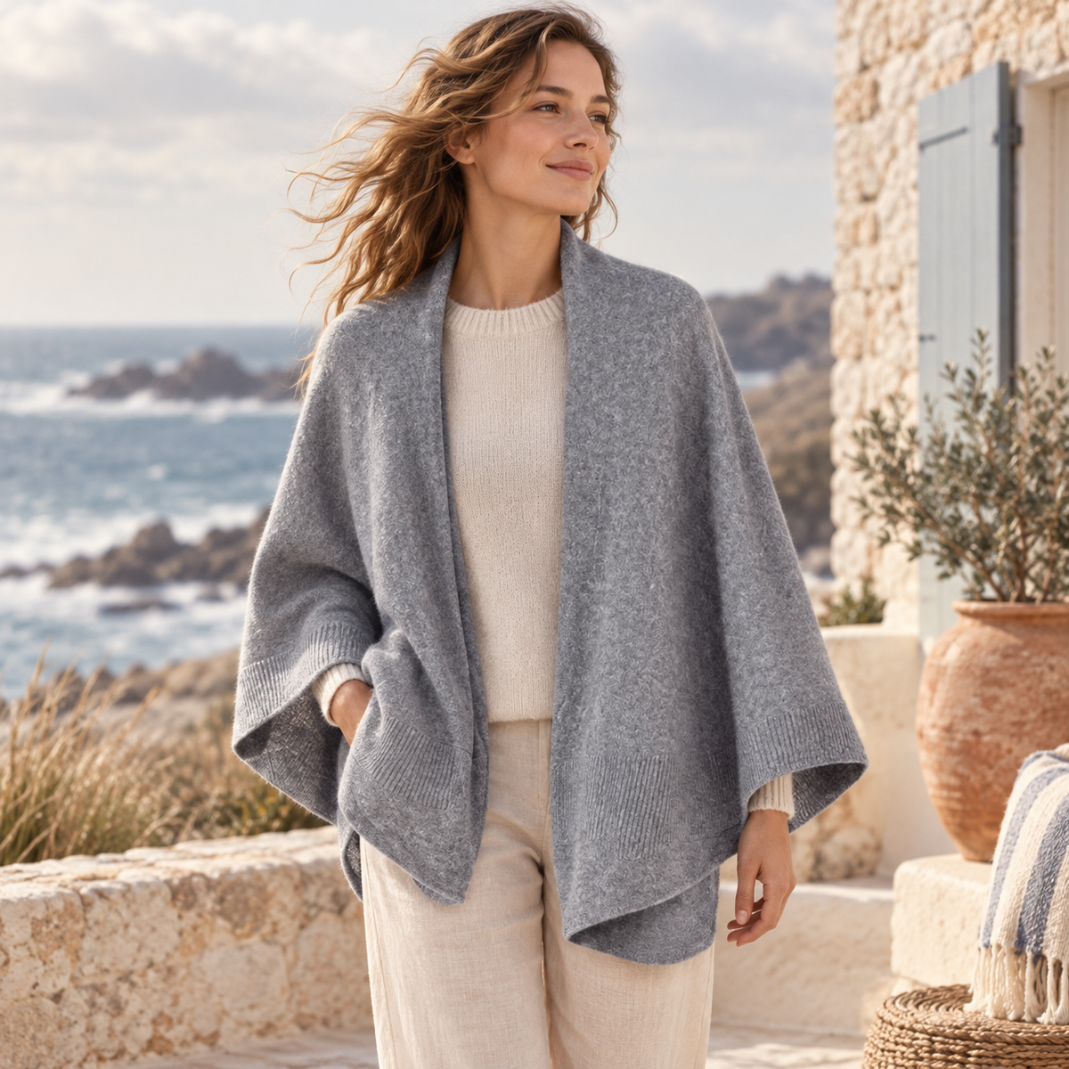 Poncho Cardigan – Gris / Adulte, visuel principal lifestyle