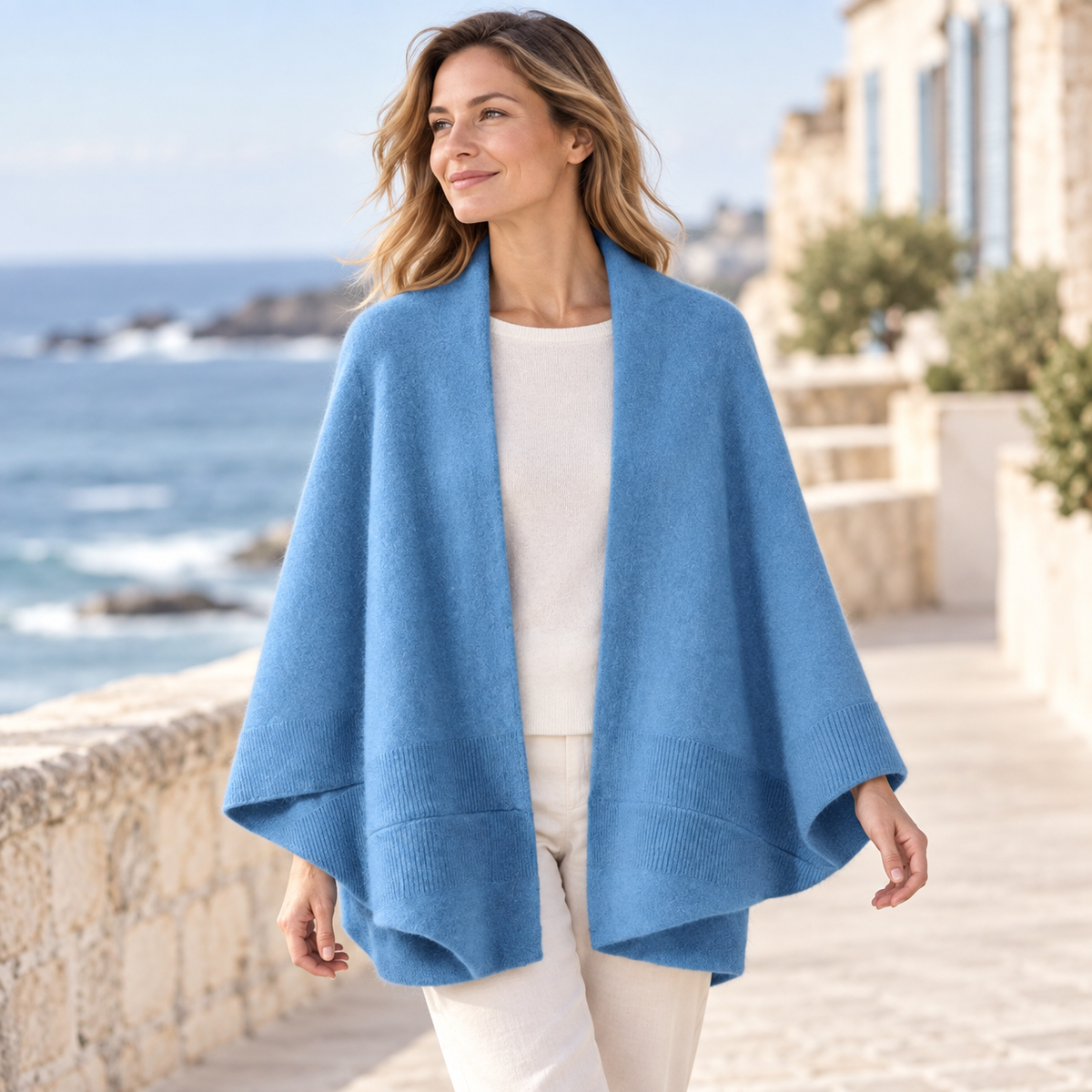 Poncho Cardigan – Bleu / Adulte, visuel principal lifestyle