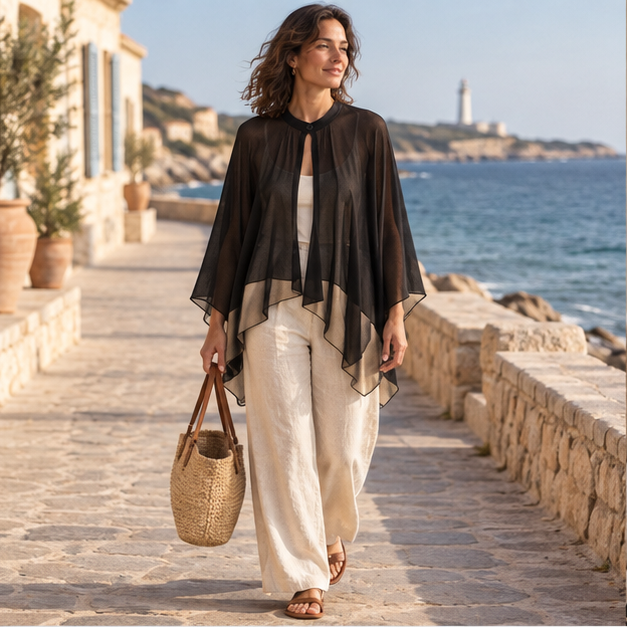 Poncho Cardigan Léger Noir – Noir / Adulte, en situation sur la côte Atlantique