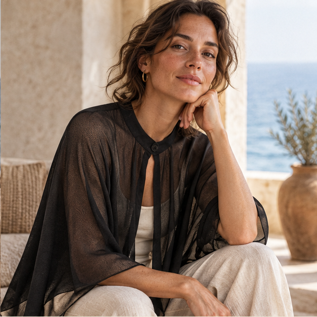 Poncho Cardigan Léger Noir – Noir / Adulte, dans un intérieur côtier lumineux