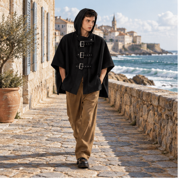 Poncho Ceinture Homme – Noir / S, Noir / M, Noir / L, Noir / XL, Noir / XXL, Noir / XXXL, Noir / 4XL, Noir / 5XL, en situa…
