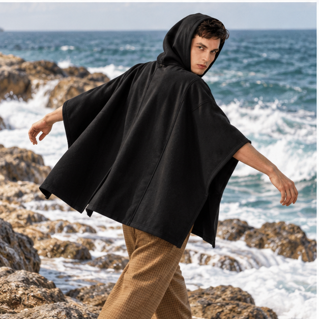 Poncho Ceinture Homme – Noir / S, Noir / M, Noir / L, Noir / XL, Noir / XXL, Noir / XXXL, Noir / 4XL, Noir / 5XL, porté en…