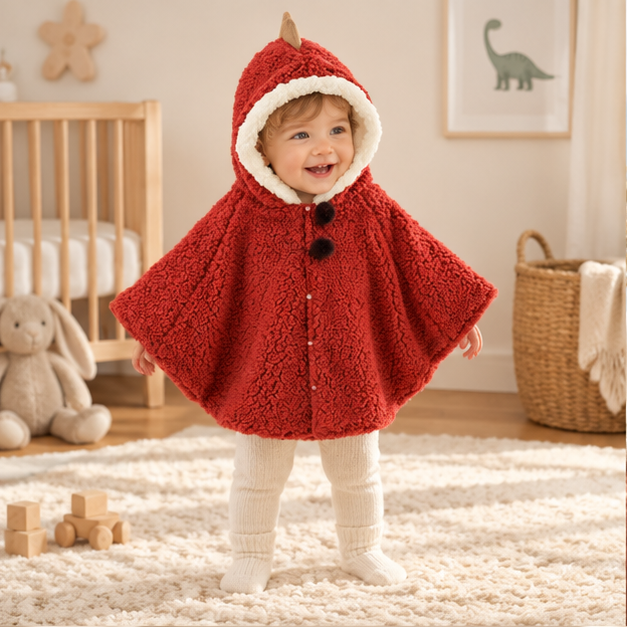 Poncho Chaud Bébé Dinosaure – Rouge / Bébé (1 à 3 Ans), en situation sur la côte Atlantique